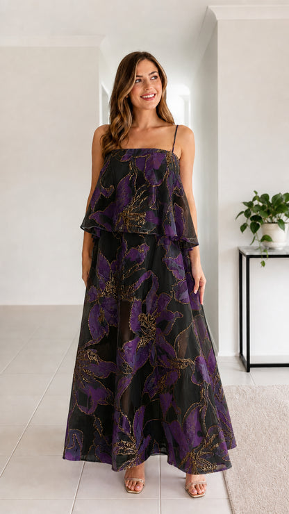 Front view of black and purple floral metallic tiered cami maxi dress