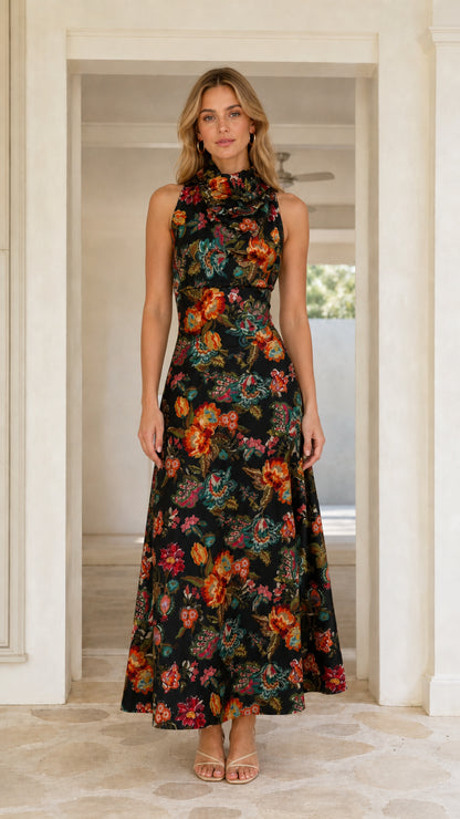 Front view of black floral maxi dress