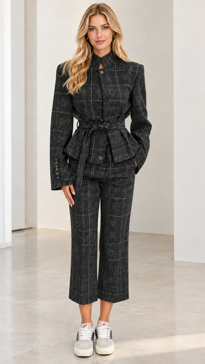 Full front view of Charcoal dark plaid belted blazer and trouser two-piece set