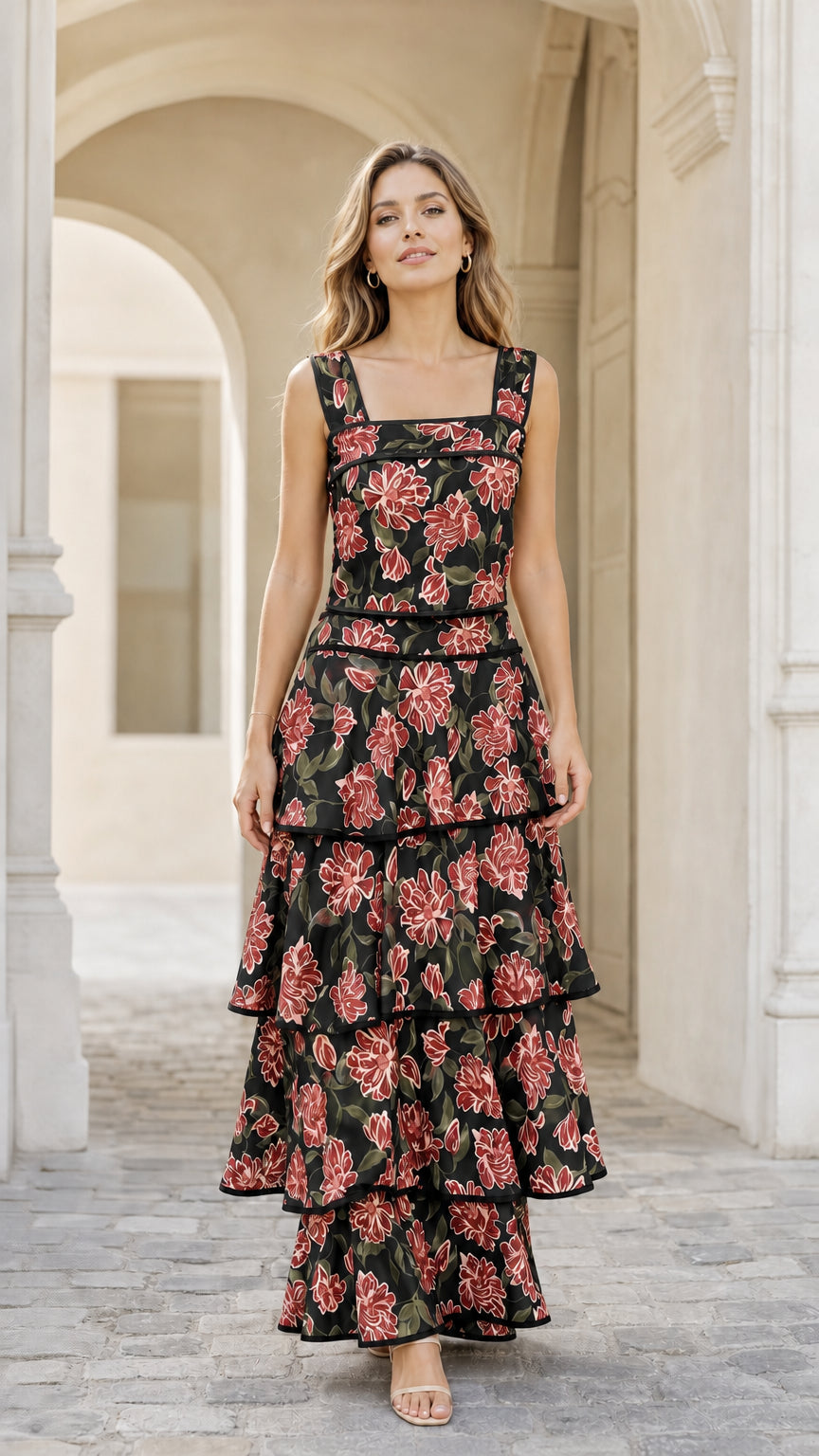 Woman wearing black floral tiered maxi dress