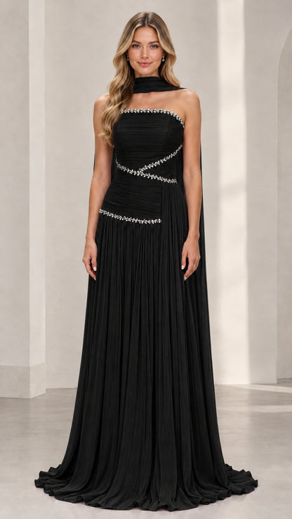 Black strapless ruched chiffon evening gown with beaded waist accent and matching scarf