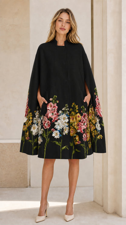 Front view of Black floral embroidered cape coat on model