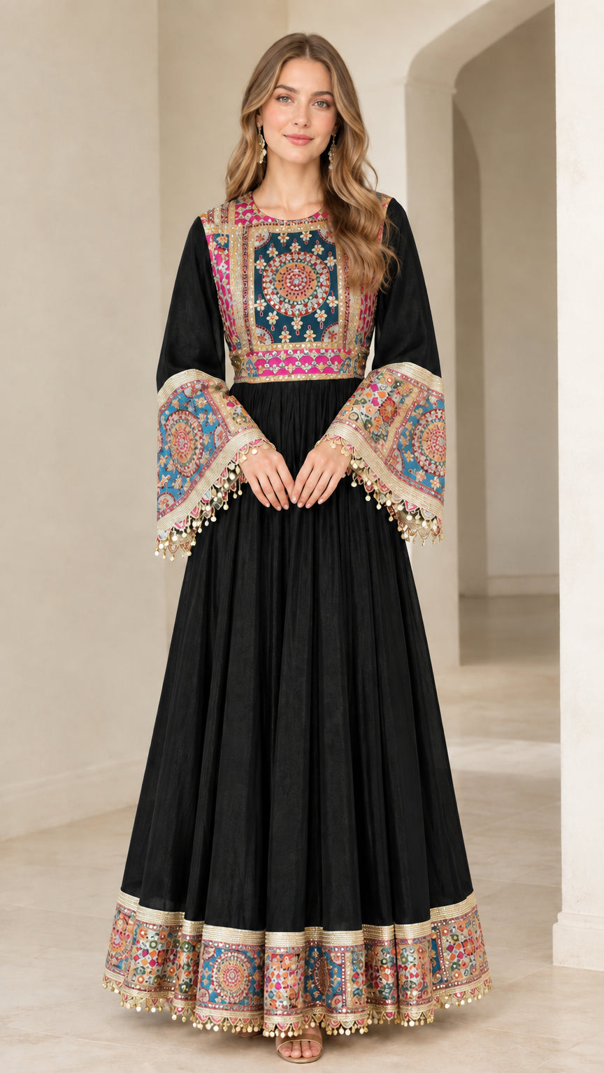 Black long flare sleeve ornate print maxi dress