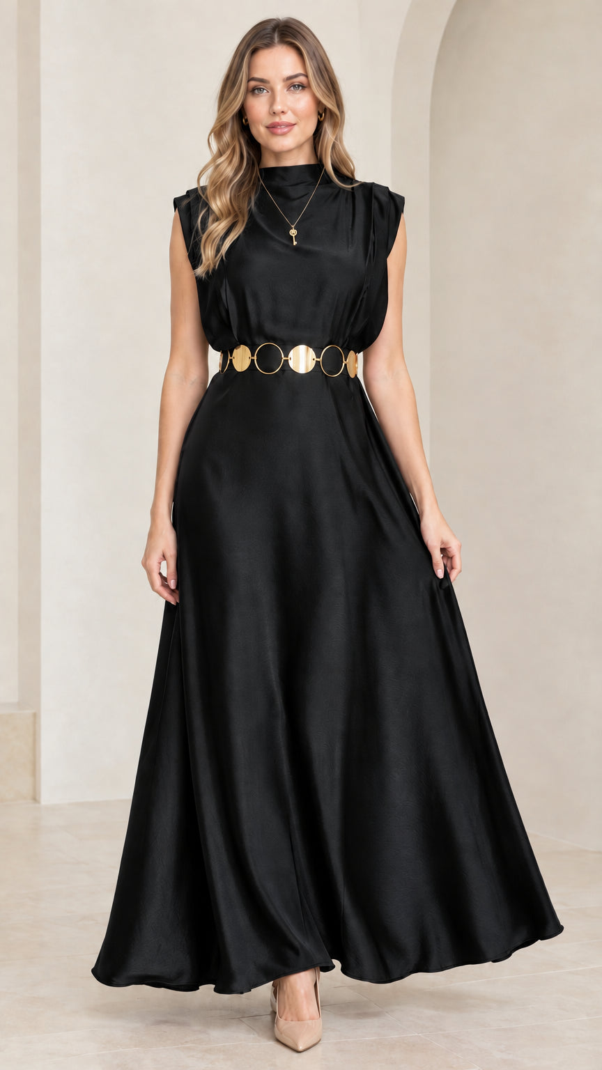 Model wearing black mock neck pleated satin maxi evening dress