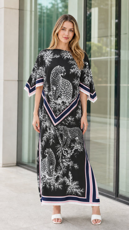 Black and white leopard scarf print kaftan maxi dress