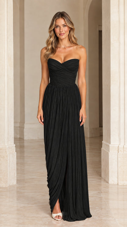 Black strapless pleated sweetheart evening dress with front slit