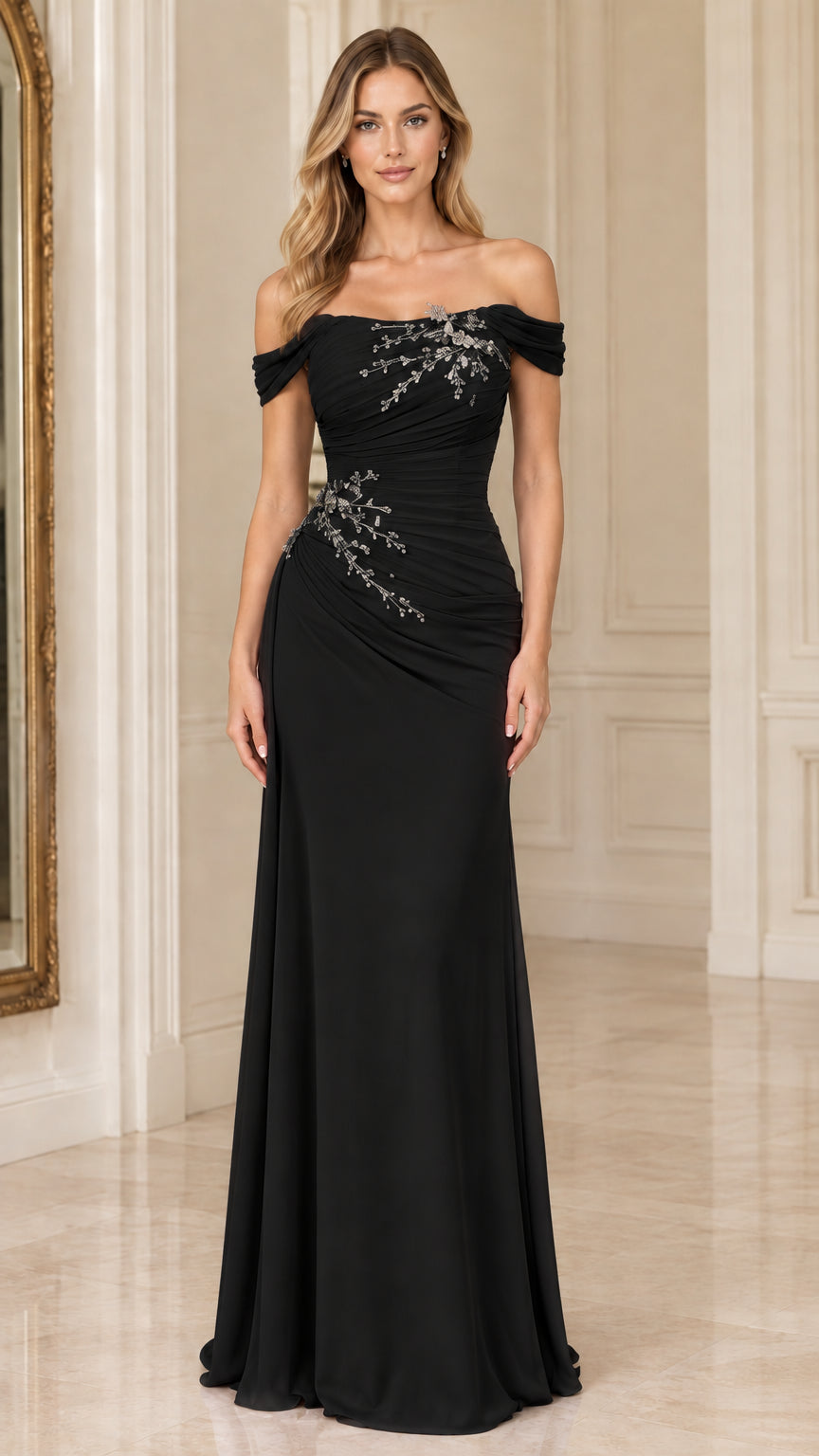 Woman wearing a black off-the-shoulder beaded ruched formal evening gown