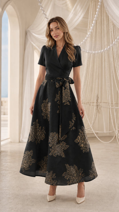 Model wearing Black floral jacquard wrap midi dress