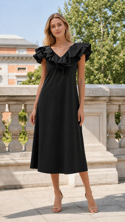 Full length view of black ruffled midi dress