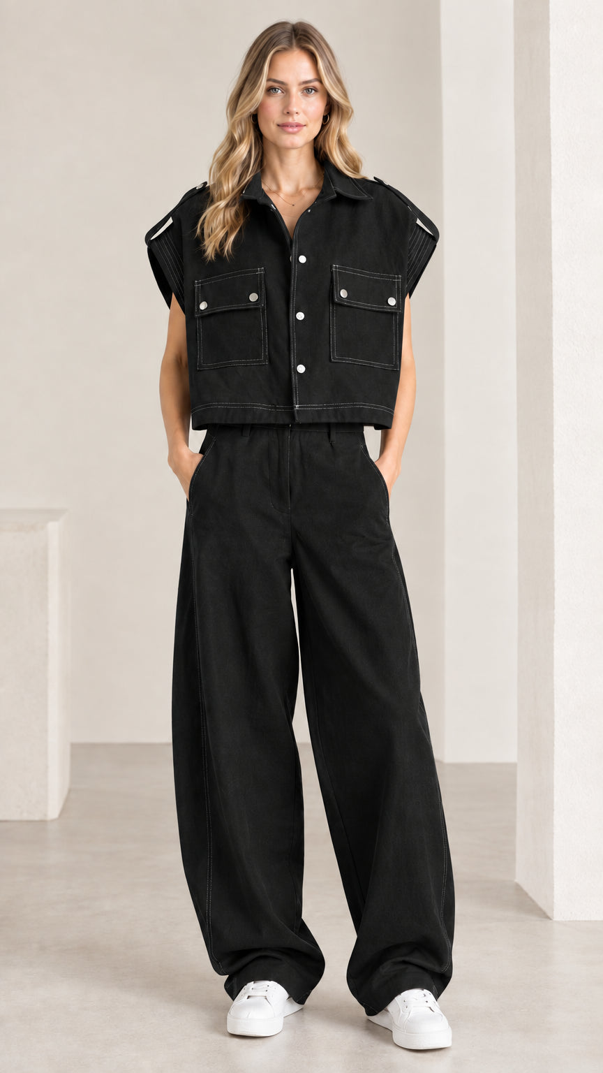 Front view of woman wearing black utility cropped shirt and wide-leg pant set