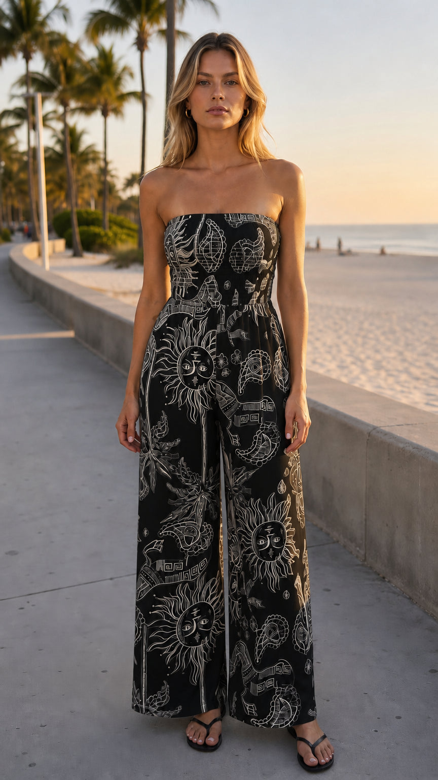 Front view of woman wearing black sun print strapless wide leg jumpsuit