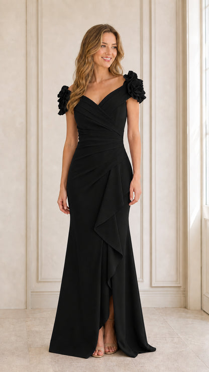 Black evening dress front view on model