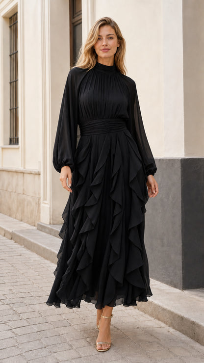 Model wearing black long-sleeve high neck tiered ruffle maxi evening dress