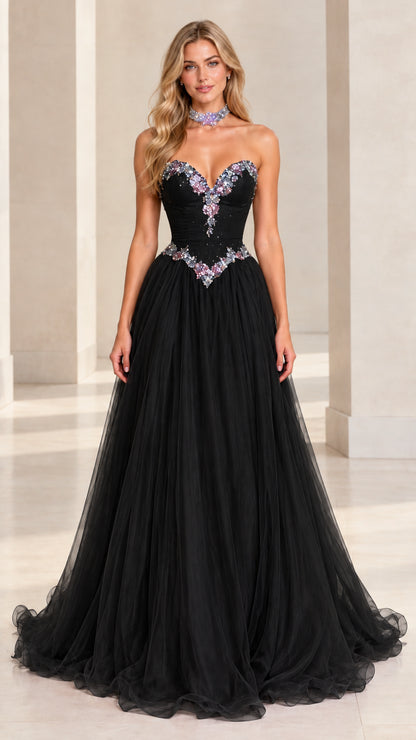Front view of model wearing black beaded sweetheart tulle formal ballgown