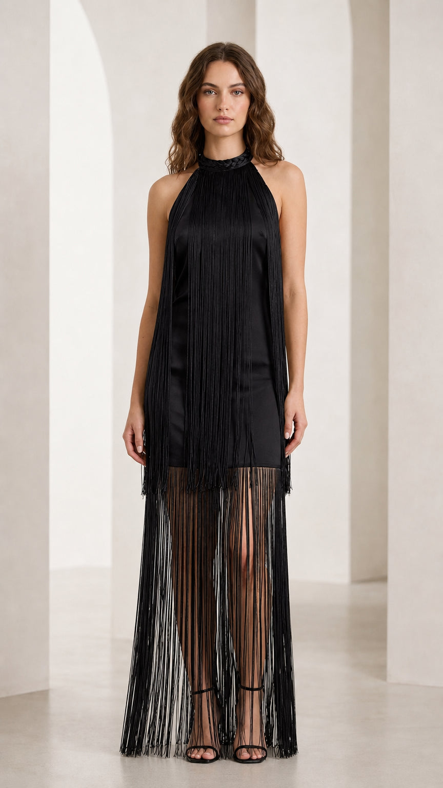 Front view of black color variant of fringe maxi dress