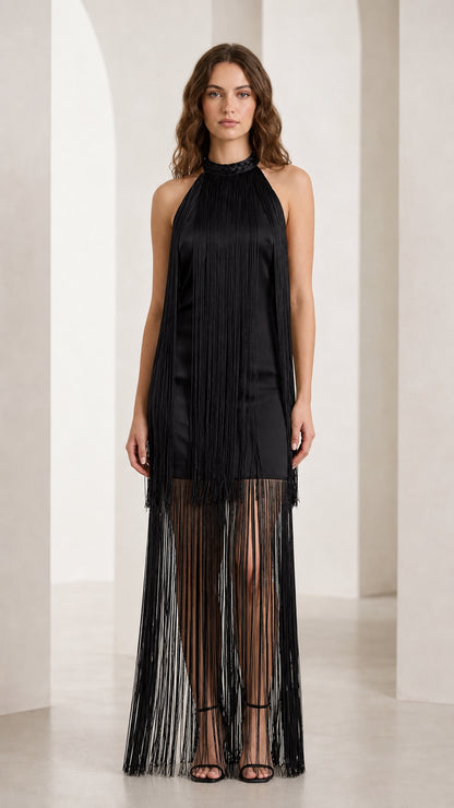 Front view of black color variant of fringe maxi dress