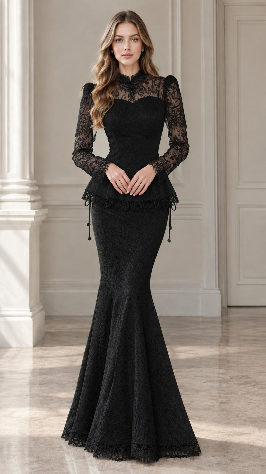 Full-length view of black long sleeve lace peplum mermaid evening gown