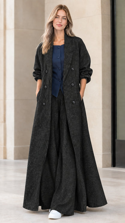 Full-length view of women's black maxi duster coat and wide-leg pants set