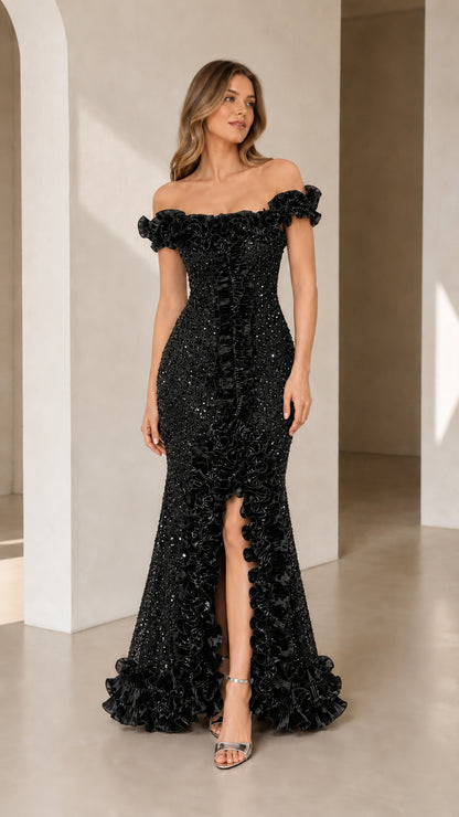 Black off-the-shoulder sequin mermaid evening gown with ruffle trim
