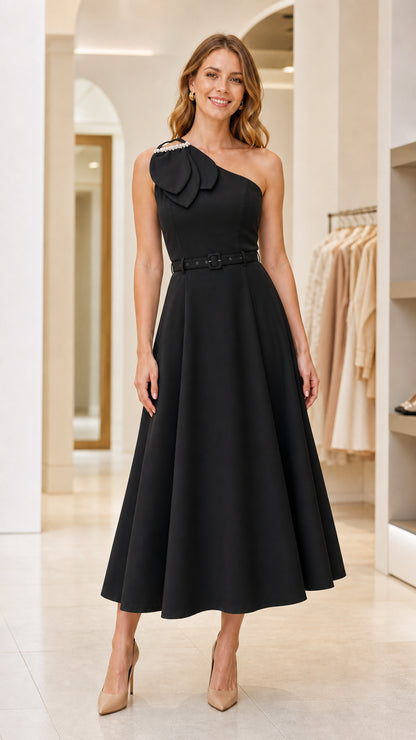 Model wearing black one-shoulder midi dress with belt