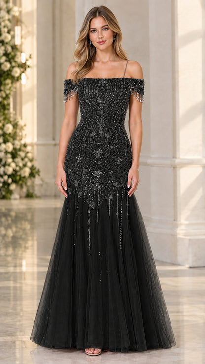 Black off-the-shoulder beaded mermaid formal gown front view