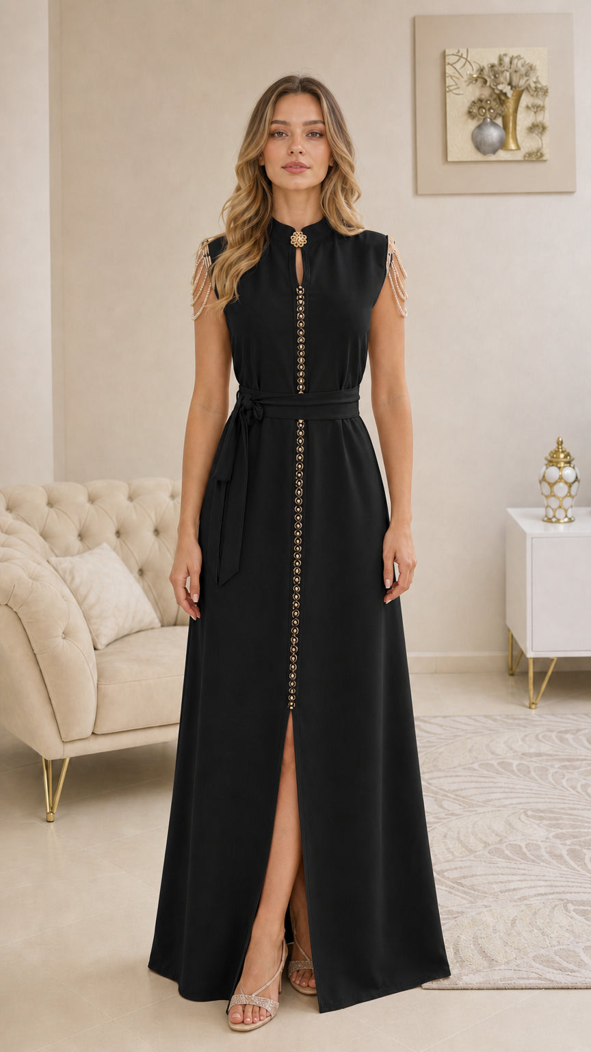 Front view of black sleeveless beaded shoulder maxi dress