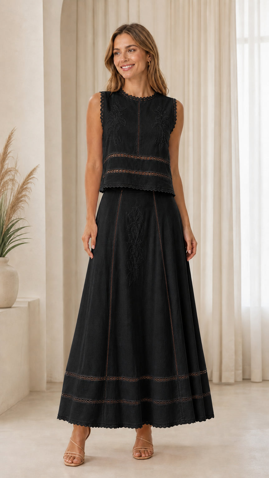 Woman wearing black embroidered two-piece set