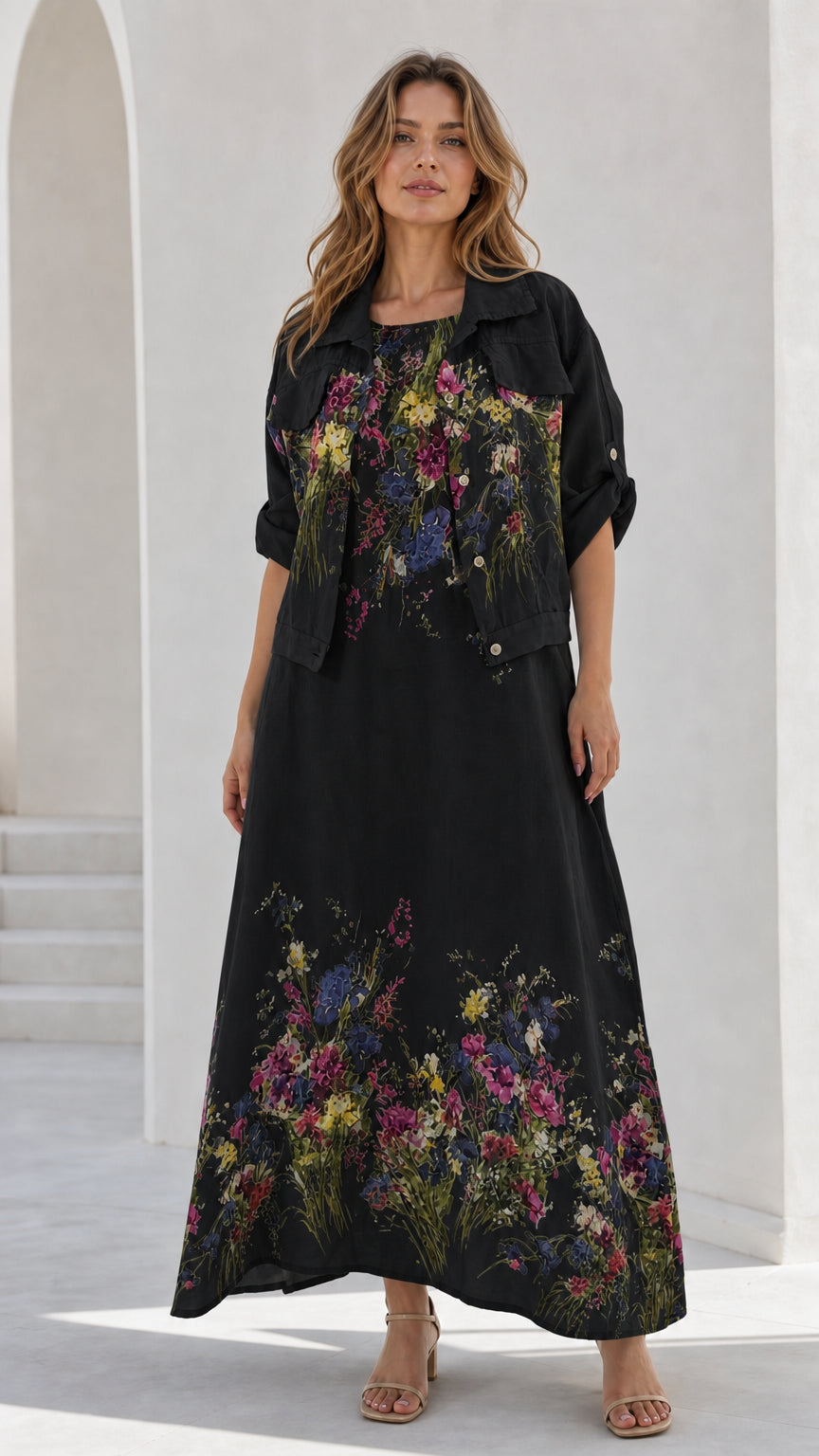 Women's black floral maxi dress and matching cropped jacket set