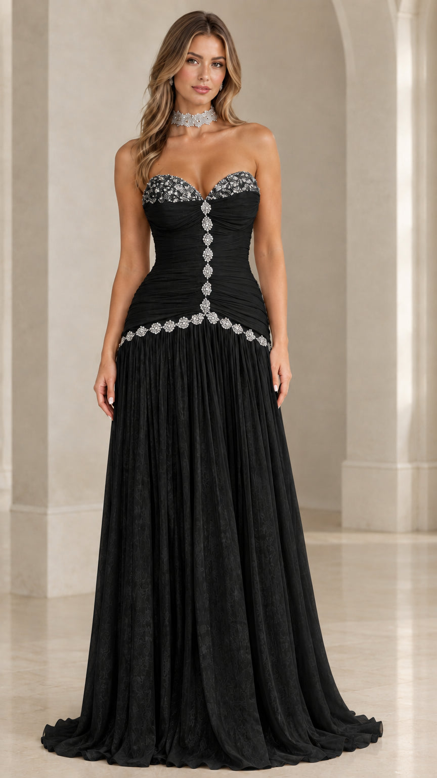 Black strapless ruched maxi evening gown with crystal embellishments