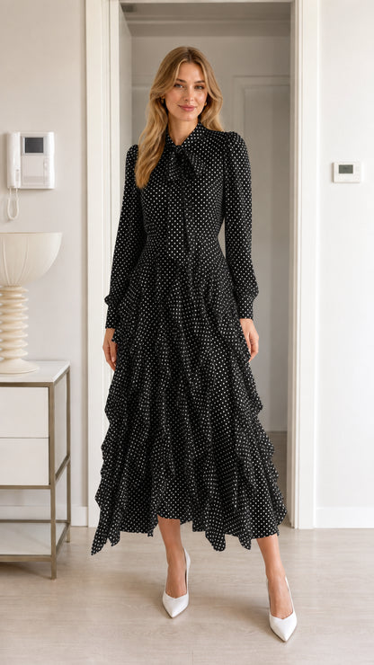 Front view of model wearing black polka dot midi dress