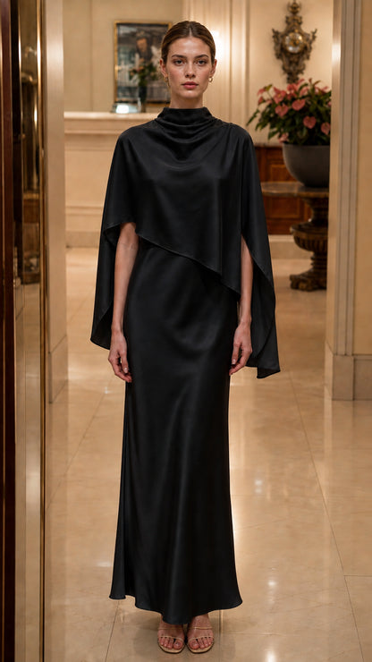 Front view of model in black cape maxi dress