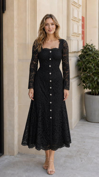 Front view of the floral lace long sleeve midi dress in black