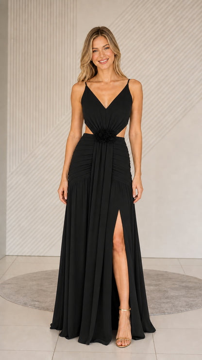 Black formal cutout maxi dress front view