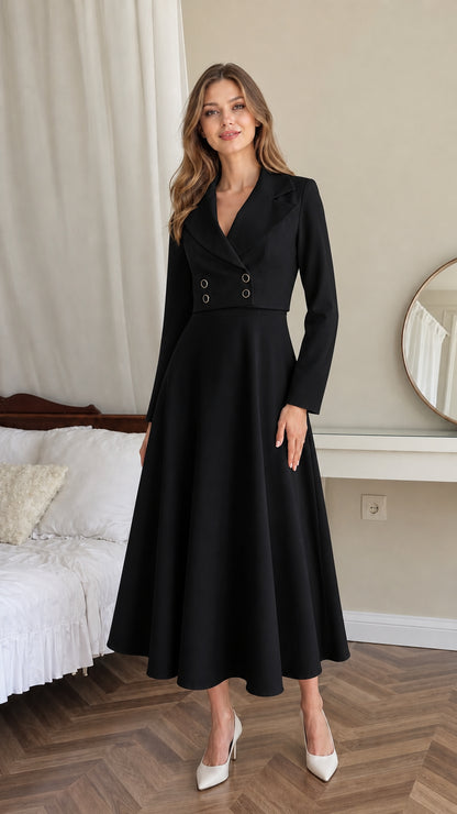Front view of model wearing black double-breasted A-line blazer midi dress