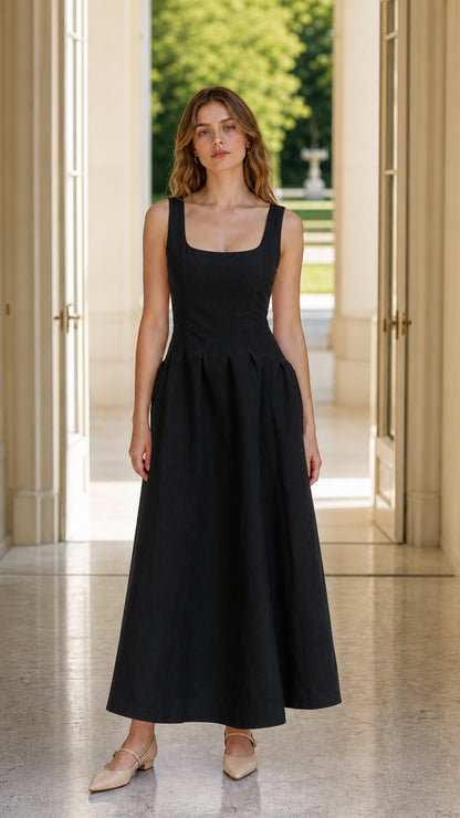 Model wearing black variant of the midi dress