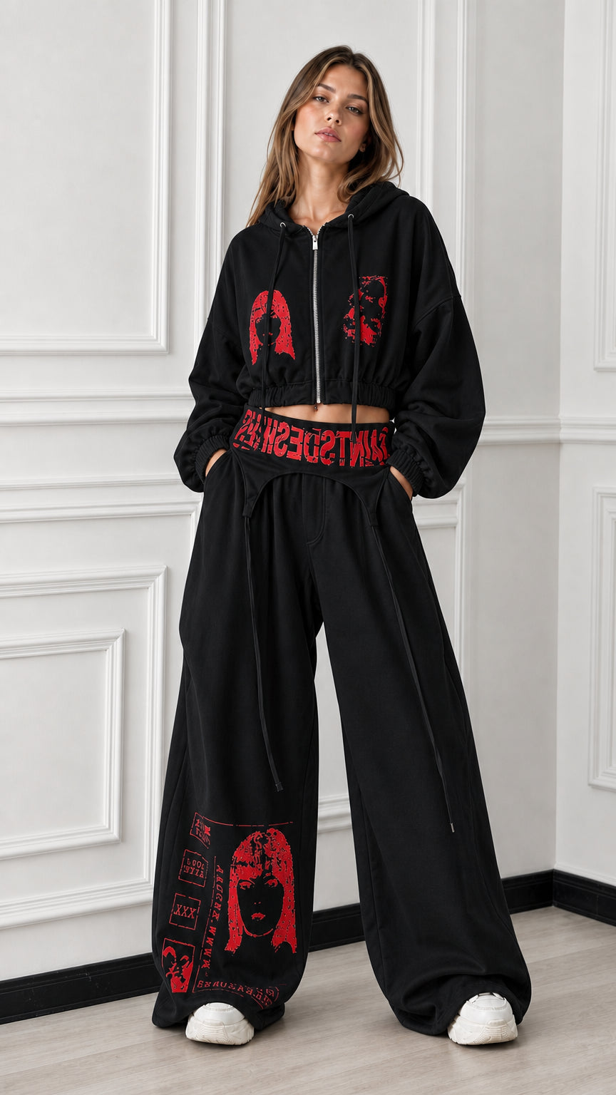 Full front view of black 2-piece cropped zip hoodie and wide-leg graphic sweatpants set