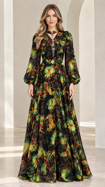 Front view of model wearing Black floral chiffon long sleeve maxi dress