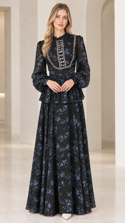 Black floral long sleeve peplum maxi evening dress