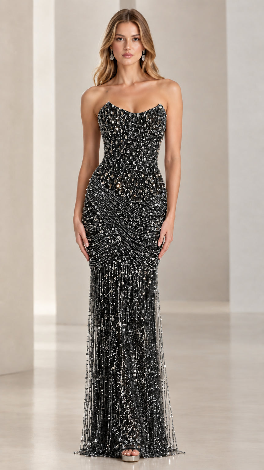 Strapless beaded sequin column evening gown in black