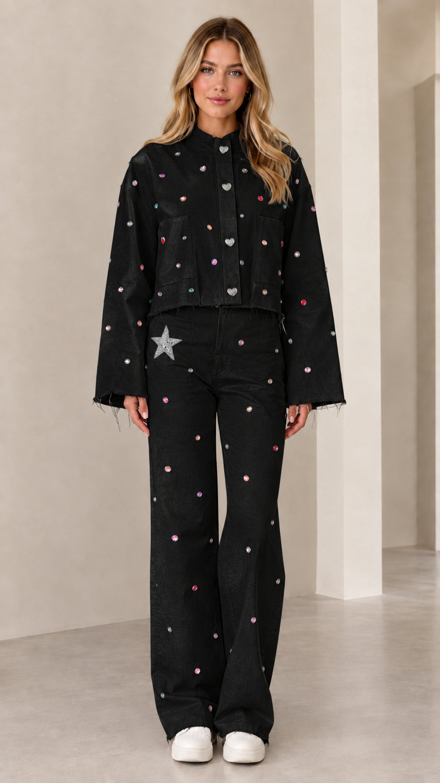 Full front view of black rhinestone embellished cropped jacket and wide-leg pant set