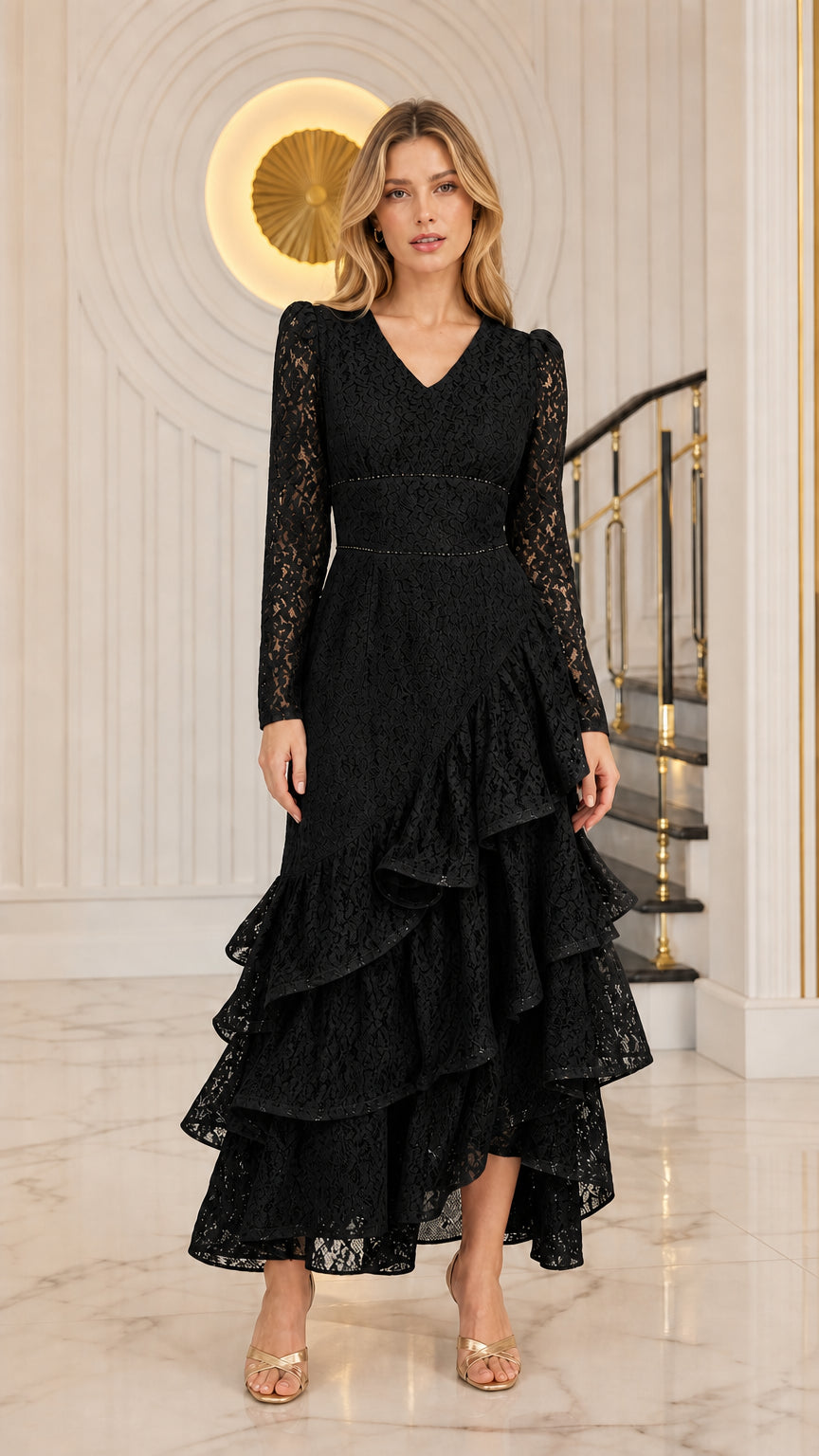 Model wearing the long sleeve tiered ruffle lace evening dress in black