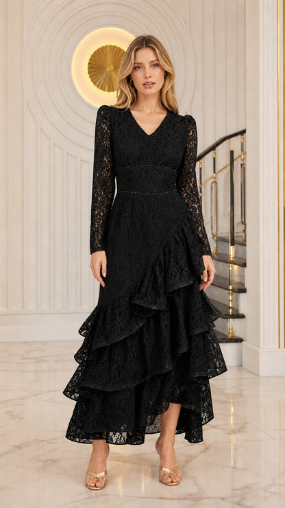 Model wearing the long sleeve tiered ruffle lace evening dress in black
