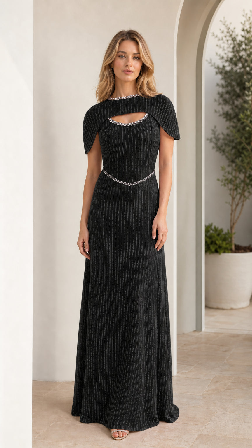 Black pleated cape sleeve maxi dress with crystal beaded details