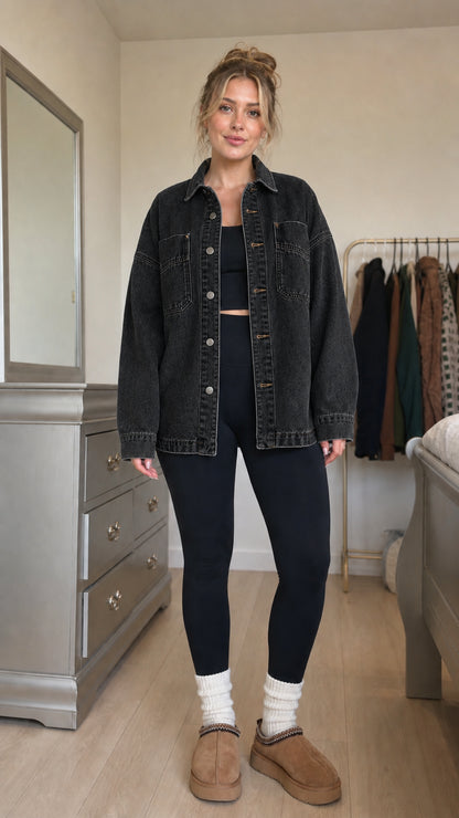 Front view of model wearing washed black denim shacket