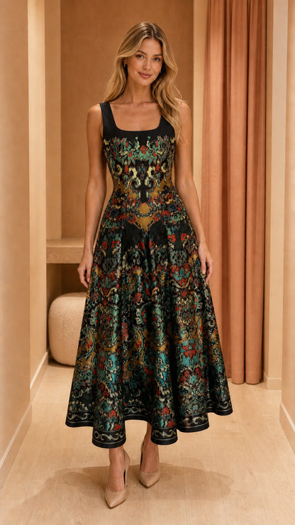 Front view of vintage black multi tapestry square neck midi evening dress