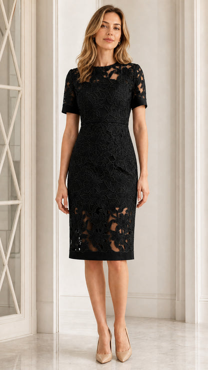 Full front view of black floral lace sheath dress