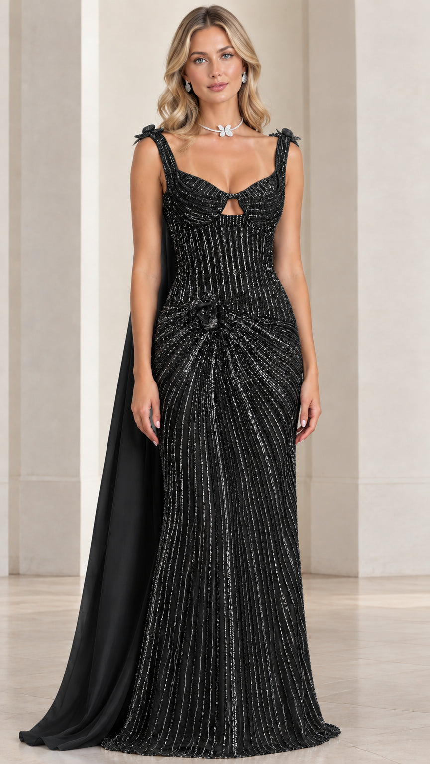 Model wearing black beaded evening gown with matching black cape