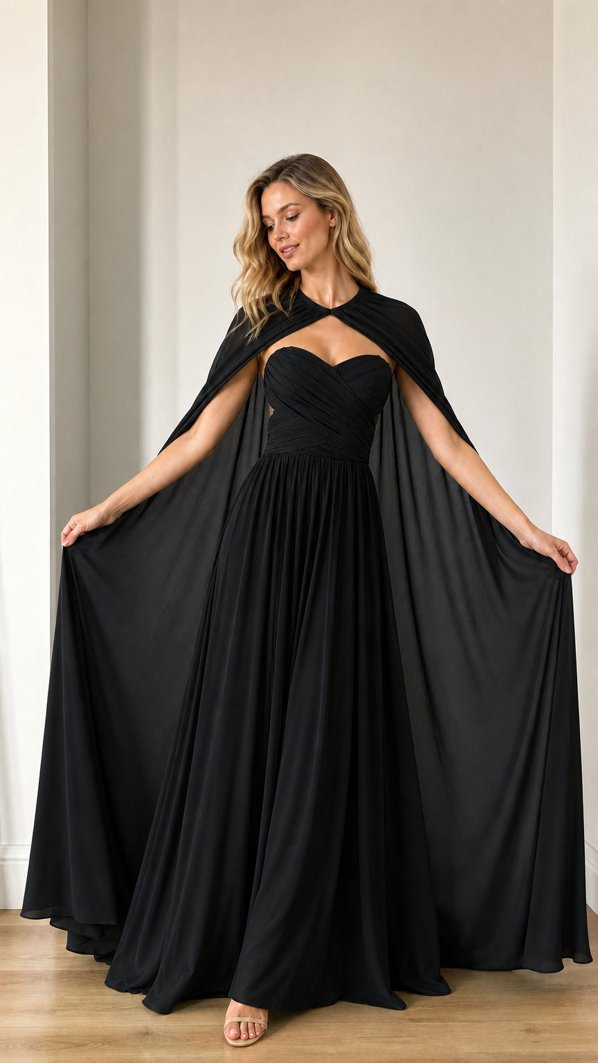 Front view of black evening dress with attached cape