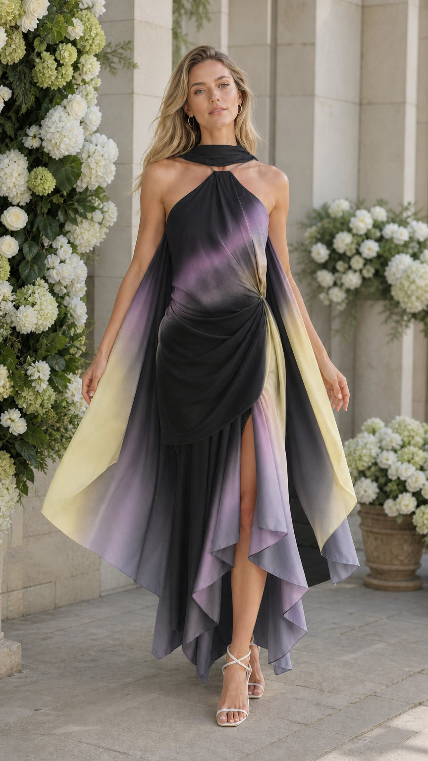 Front view of model wearing black multi ombre maxi dress