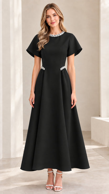 Model wearing Black pearl-embellished flutter sleeve A-line maxi dress